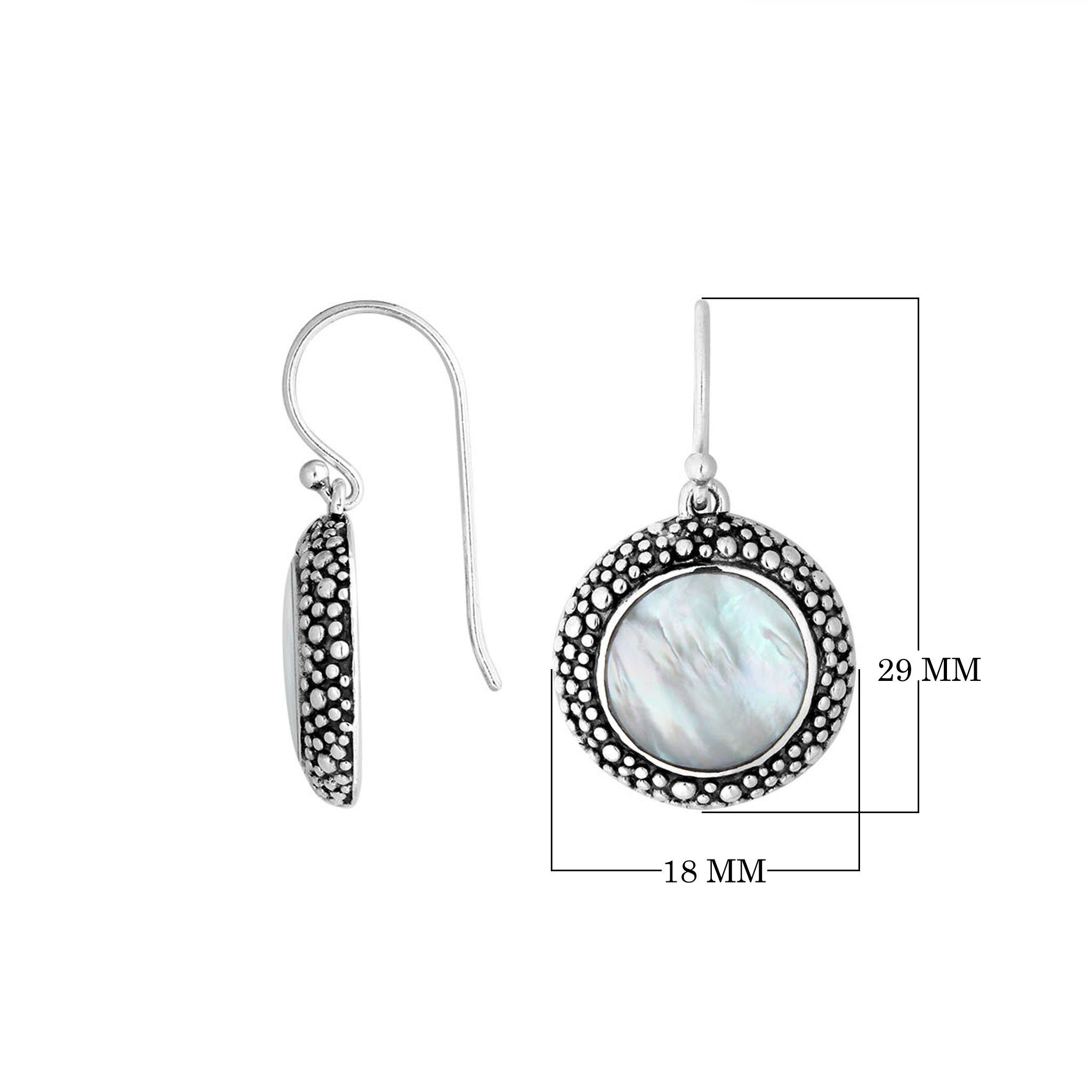 Sterling silver round earrings with Mother Of Pearl and oxidized dotted border for wholesale collections.