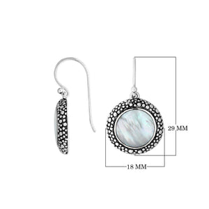 Sterling silver round earrings with Mother Of Pearl and oxidized dotted border for wholesale collections.