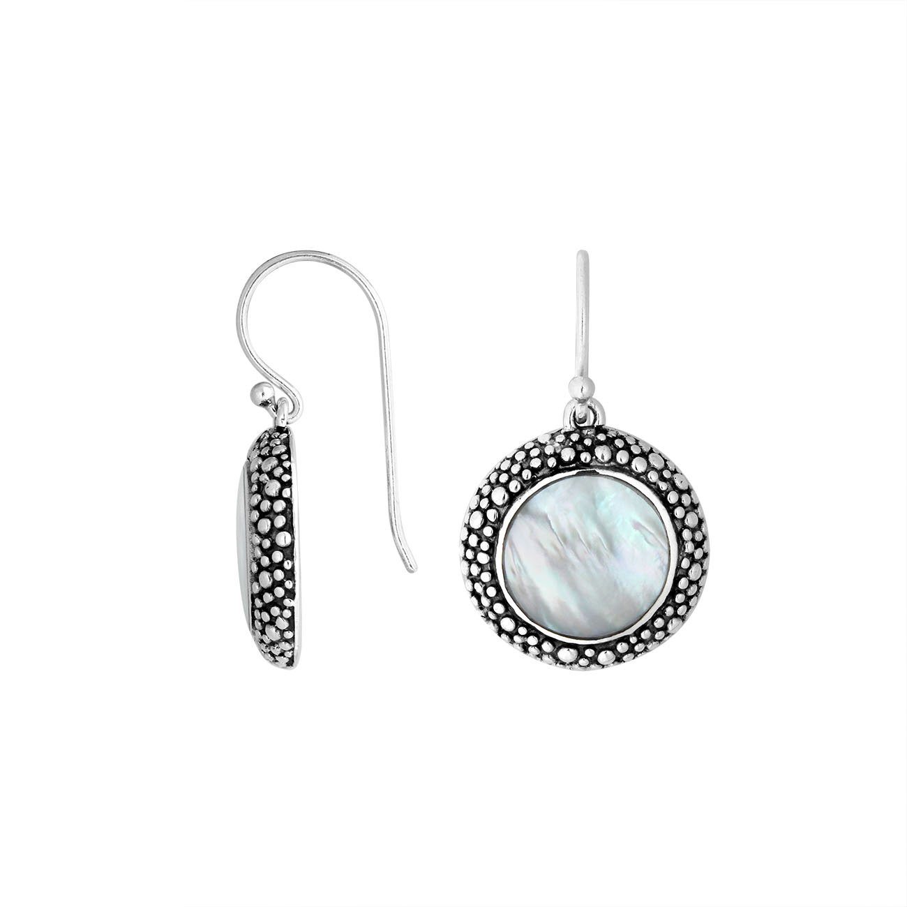 Sterling silver round earrings with Mother Of Pearl and oxidized dotted border for wholesale collections.