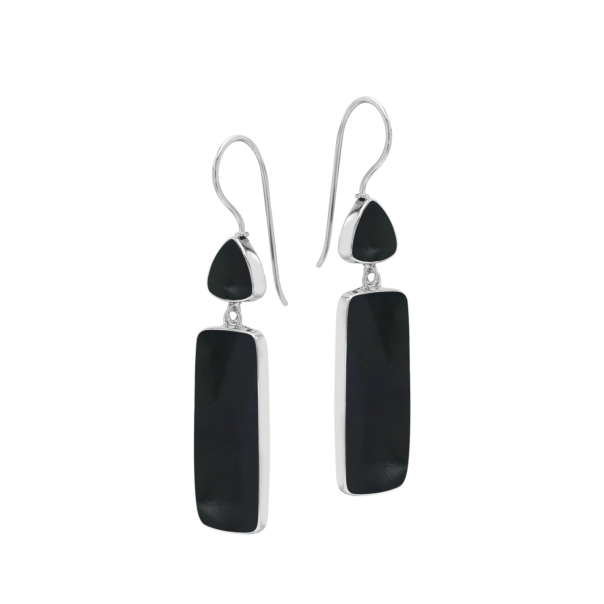 Sterling Silver Black Shell Geometric Tapered Top And Rectangle Panel Earrings With Polished Finish