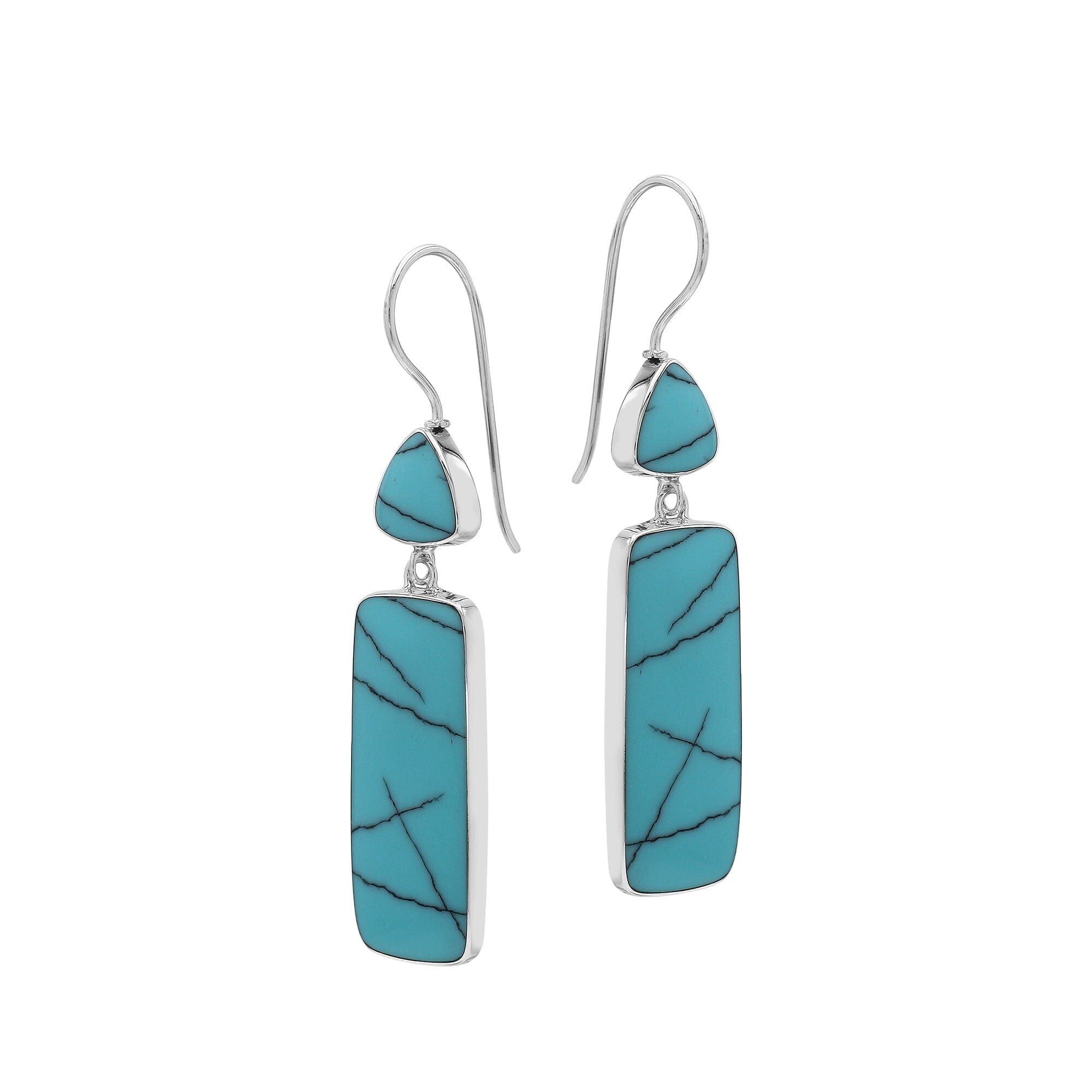 Sterling Silver Turquoise Shell Geometric Tapered Top And Rectangle Panel Earrings With Polished Finish