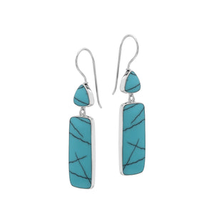 Sterling Silver Turquoise Shell Geometric Tapered Top And Rectangle Panel Earrings With Polished Finish