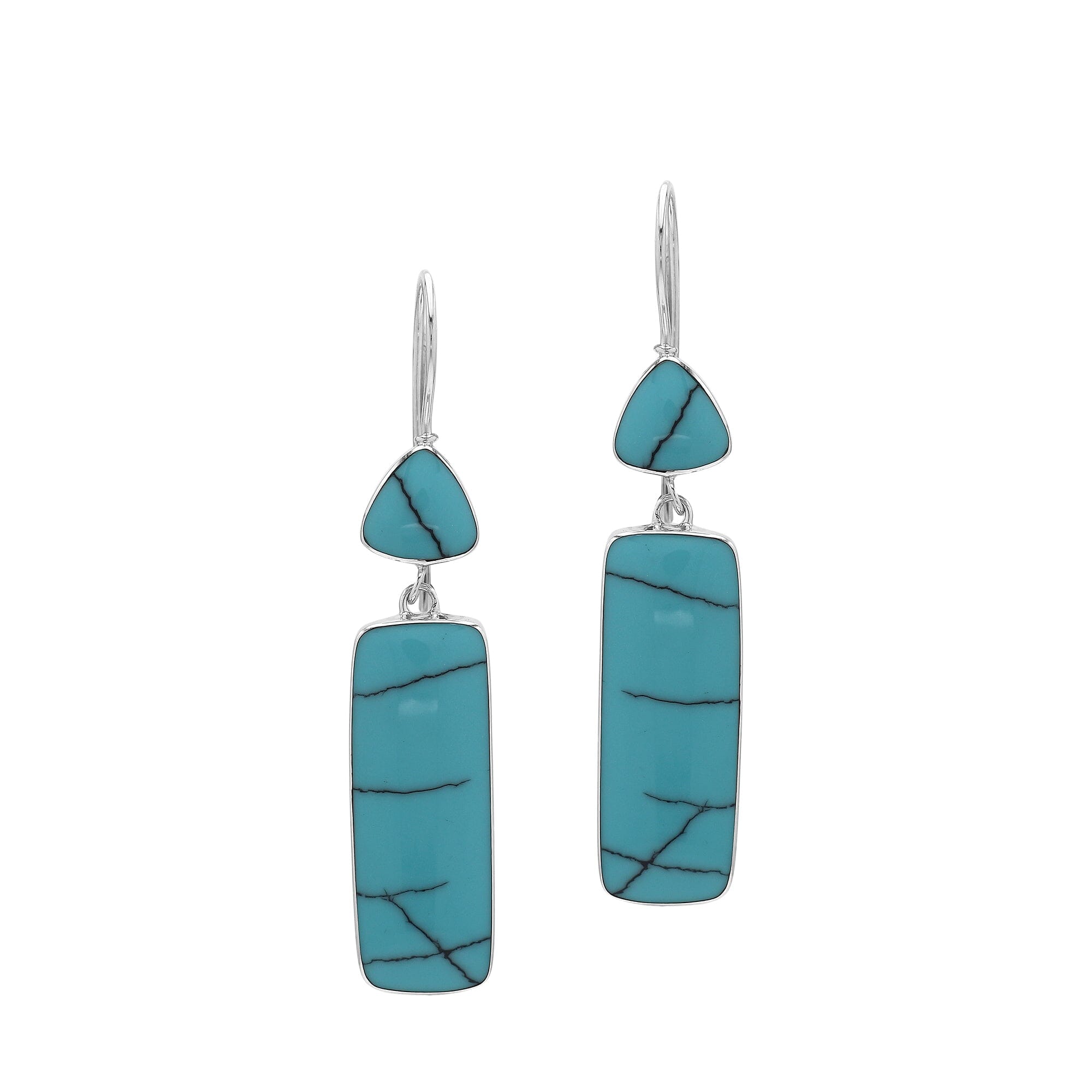 Sterling Silver Turquoise Shell Geometric Tapered Top And Rectangle Panel Earrings With Polished Finish