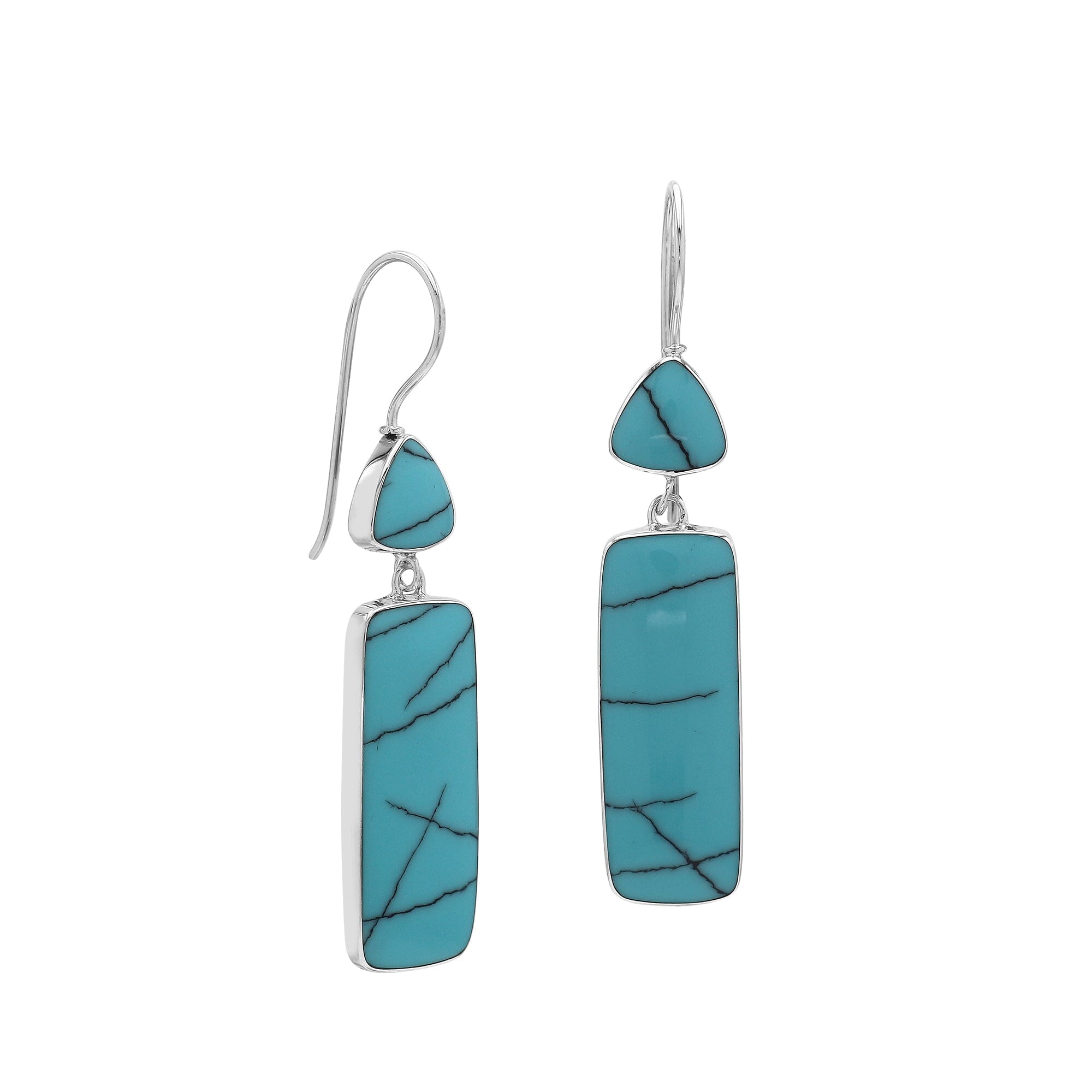 Sterling Silver Turquoise Shell Geometric Tapered Top And Rectangle Panel Earrings With Polished Finish