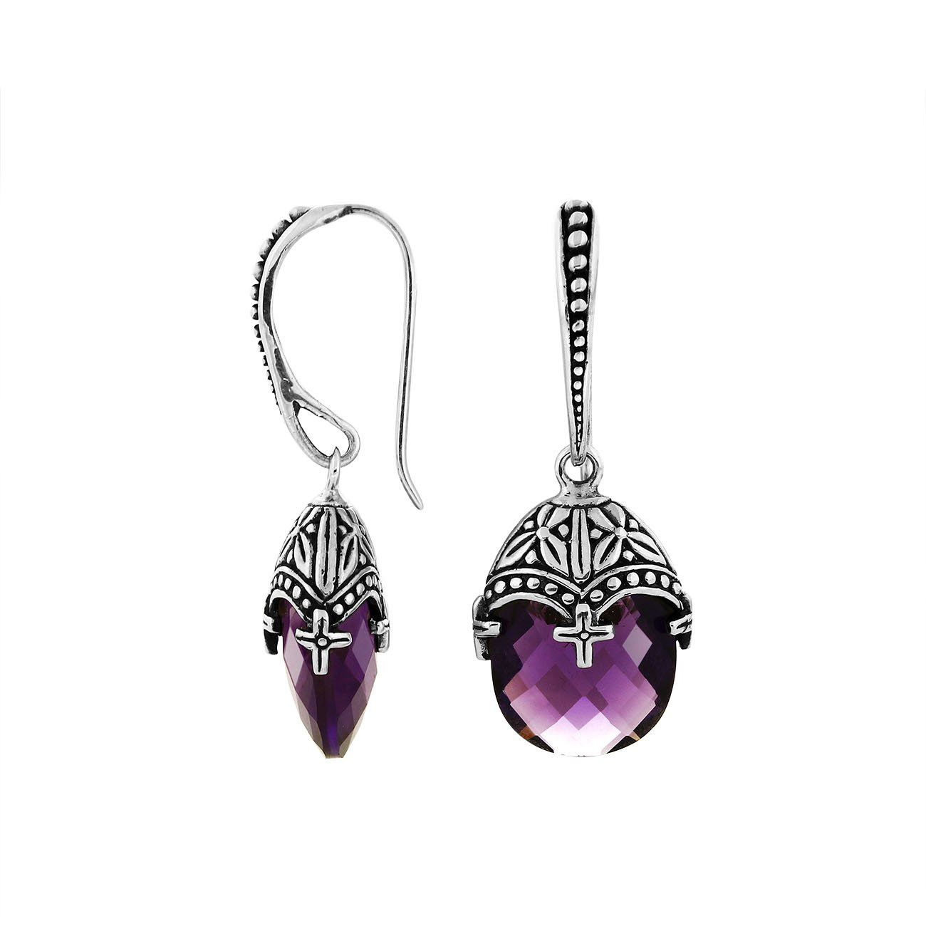 Sterling Silver Amethyst Quartz Faceted Drop Earrings With Ornate Bali Cap And Oxidized Finish