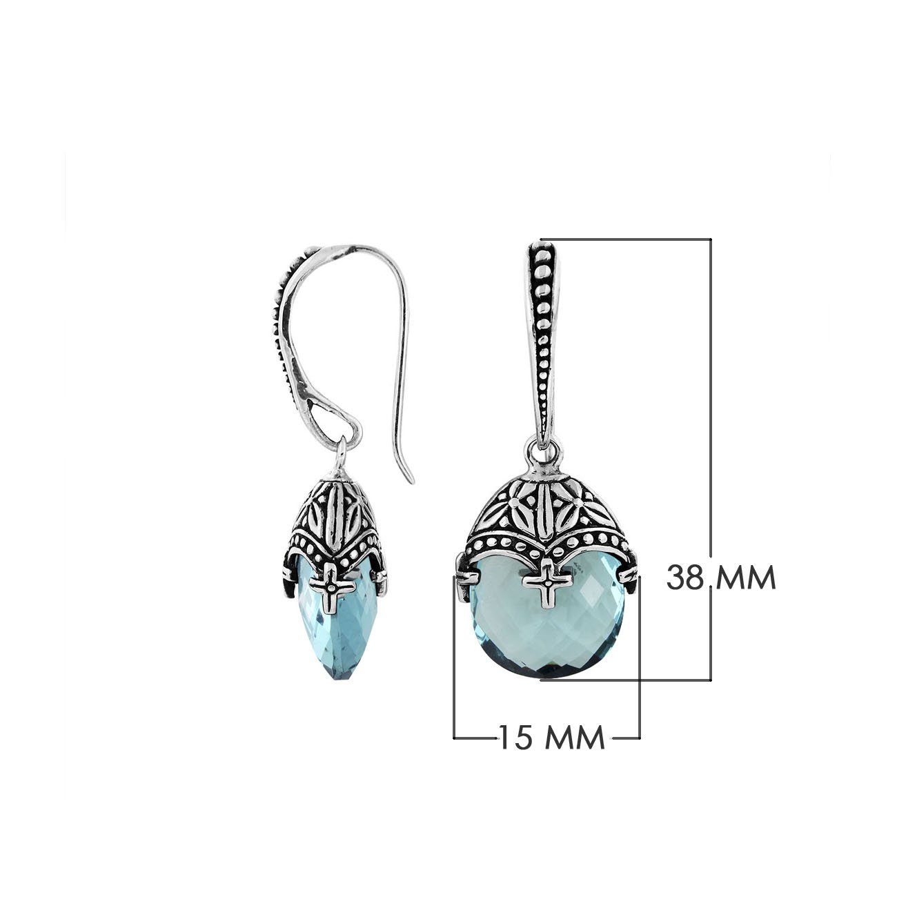 Sterling Silver Blue Topaz Quartz Faceted Drop Earrings With Ornate Bali Cap And Oxidized Finish