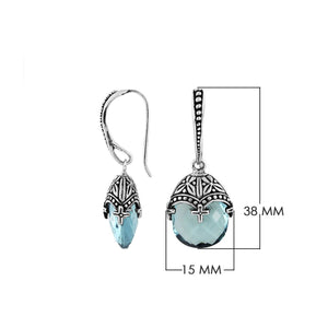 Sterling Silver Blue Topaz Quartz Faceted Drop Earrings With Ornate Bali Cap And Oxidized Finish