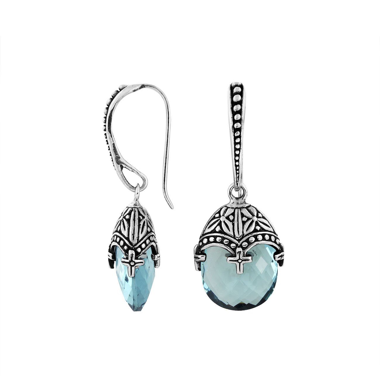 Sterling Silver Blue Topaz Quartz Faceted Drop Earrings With Ornate Bali Cap And Oxidized Finish