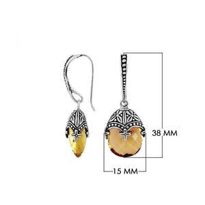 Sterling Silver Citrine Quartz Faceted Drop Earrings With Ornate Bali Cap And Oxidized Finish