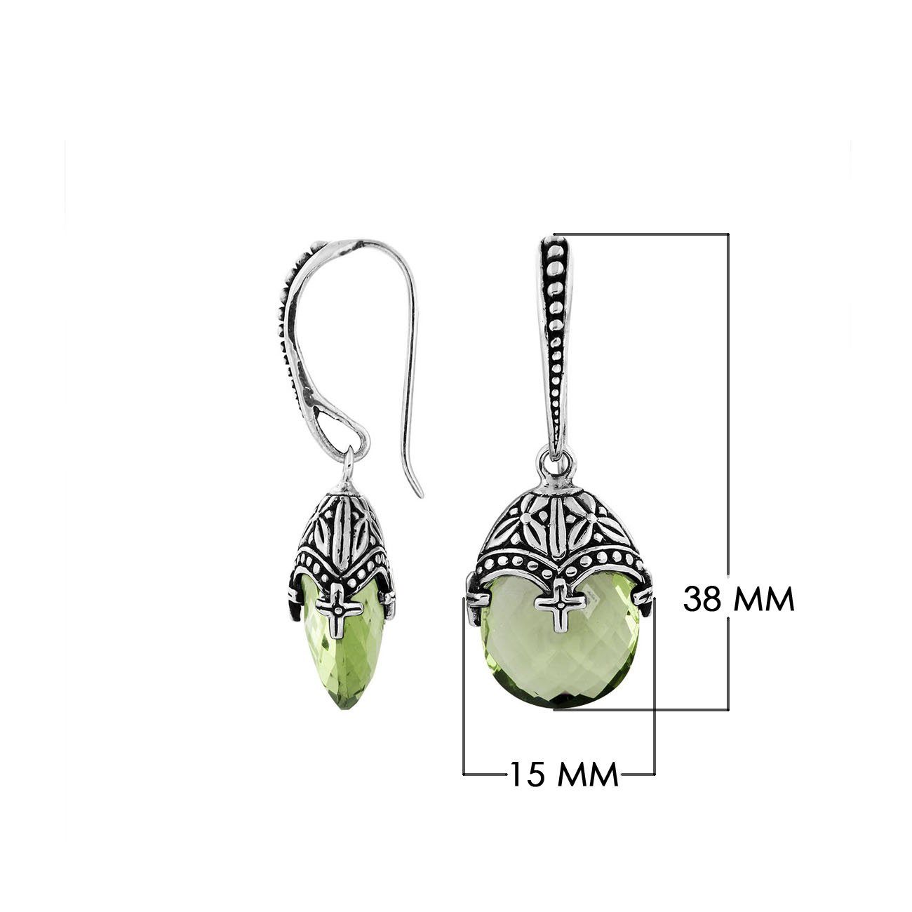 Sterling Silver Green Amethyst Quartz Faceted Drop Earrings With Ornate Bali Cap And Oxidized Finish