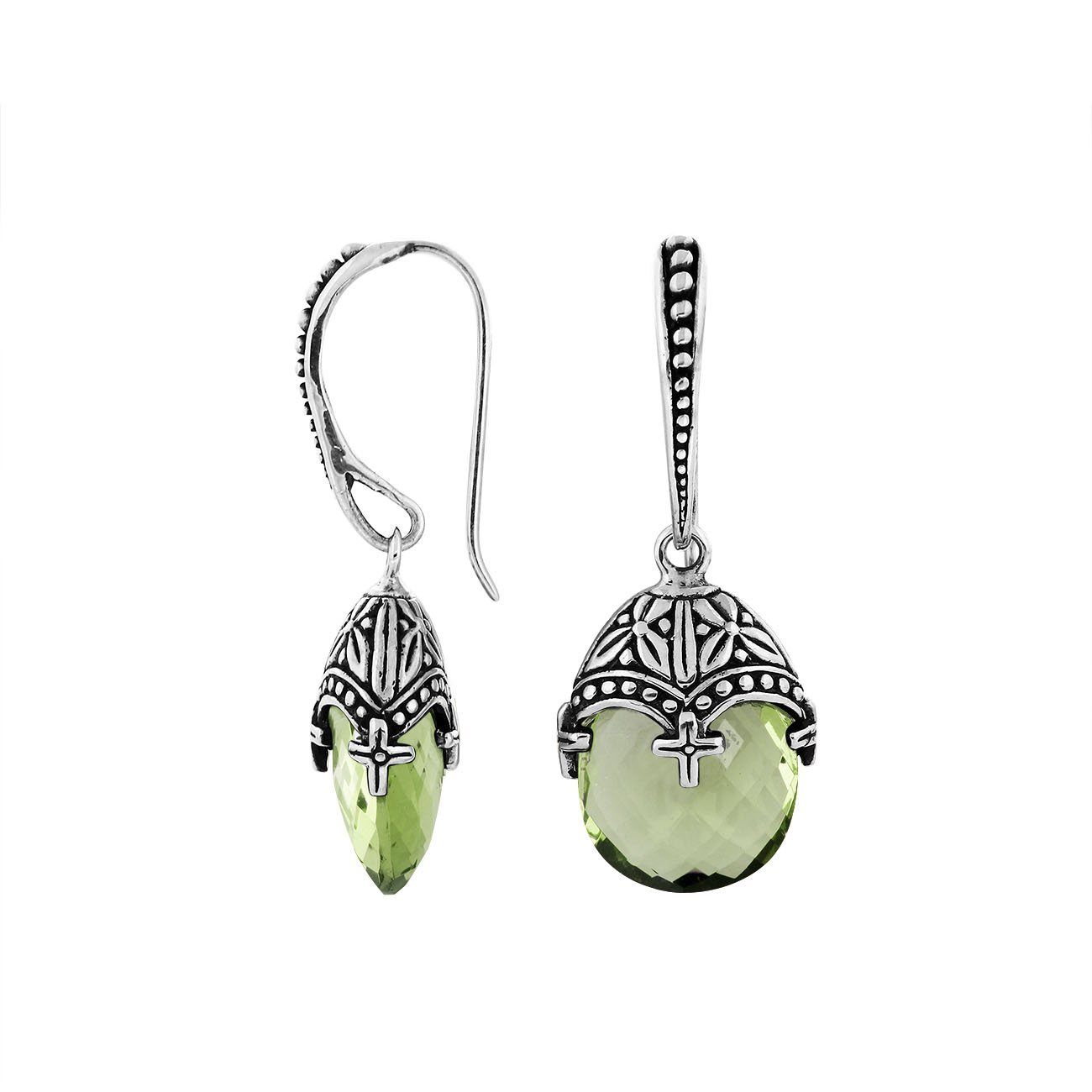 Sterling Silver Green Amethyst Quartz Faceted Drop Earrings With Ornate Bali Cap And Oxidized Finish