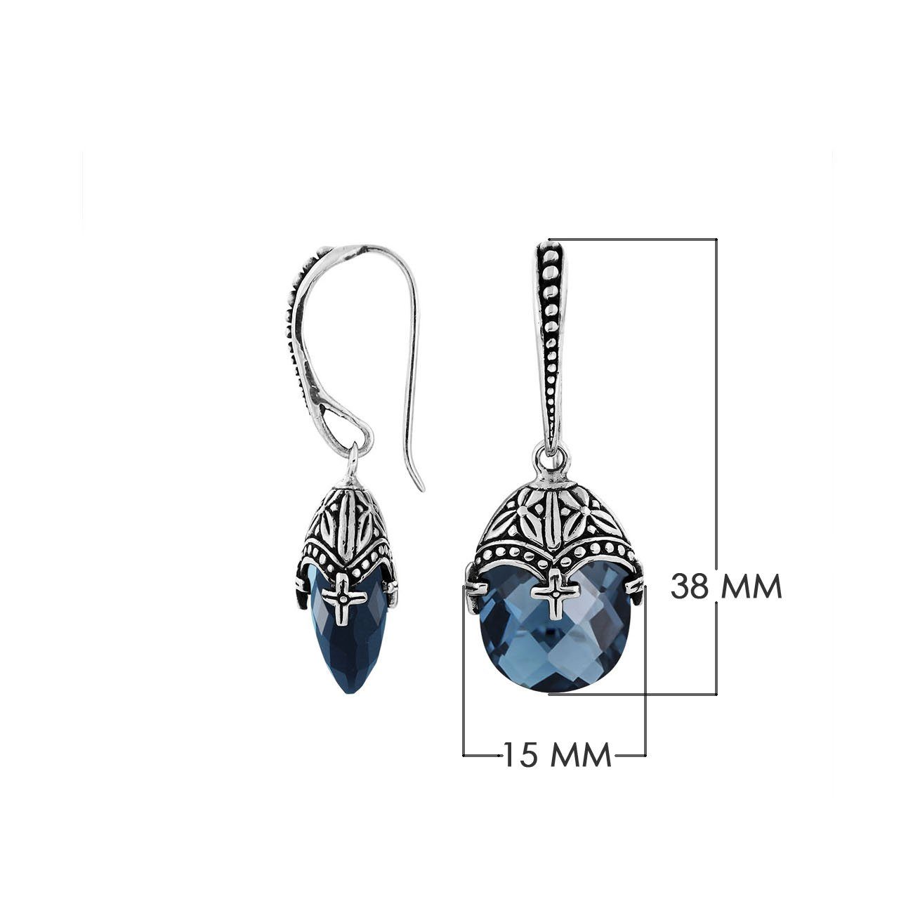 Sterling Silver London Blue Topaz Quartz Faceted Drop Earrings With Ornate Bali Cap And Oxidized Finish