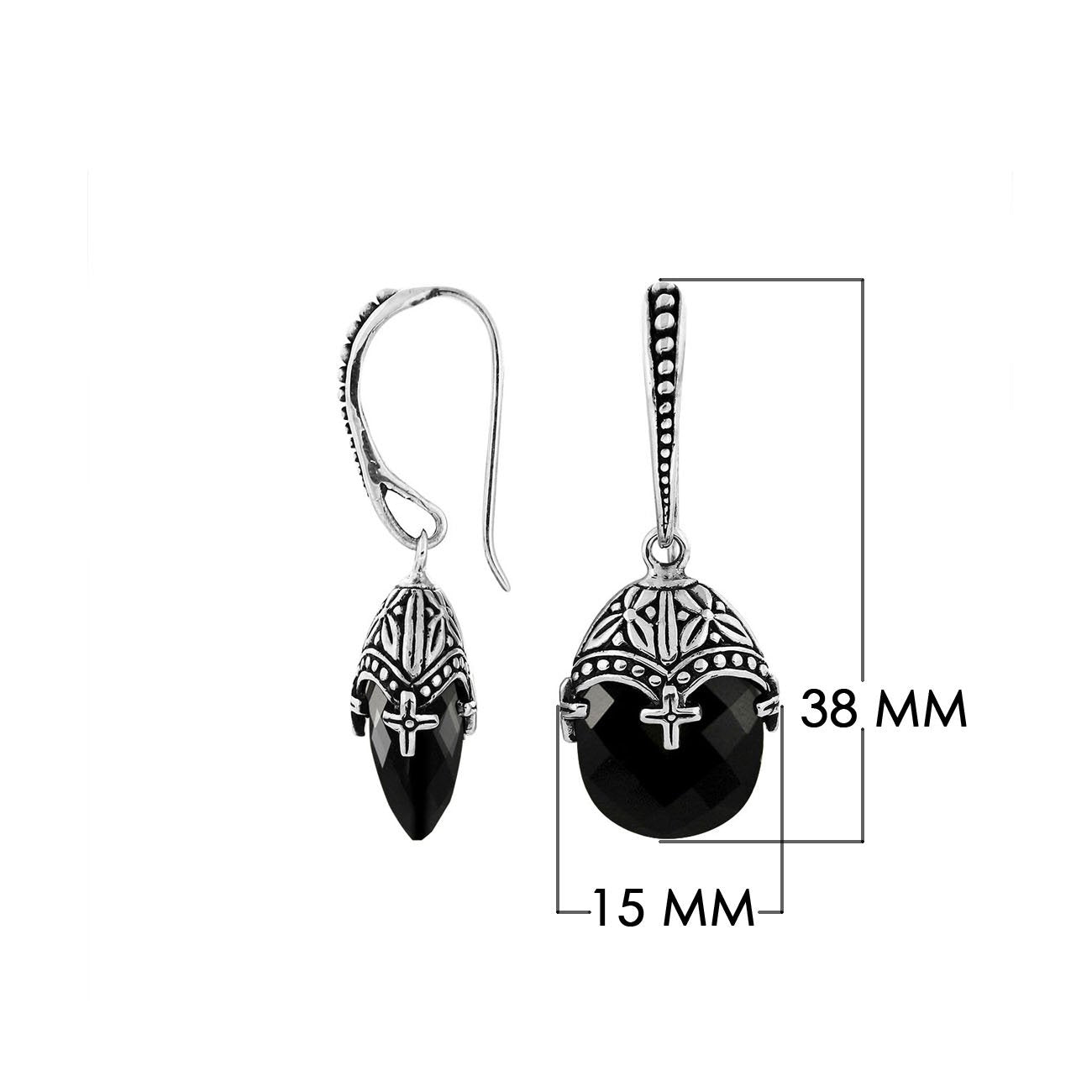 Sterling Silver Black Onyx Faceted Drop Earrings With Ornate Bali Cap And Oxidized Finish