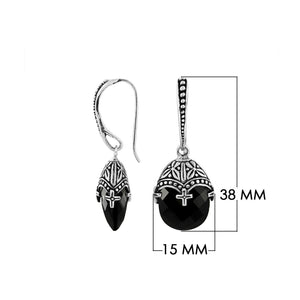 Sterling Silver Black Onyx Faceted Drop Earrings With Ornate Bali Cap And Oxidized Finish