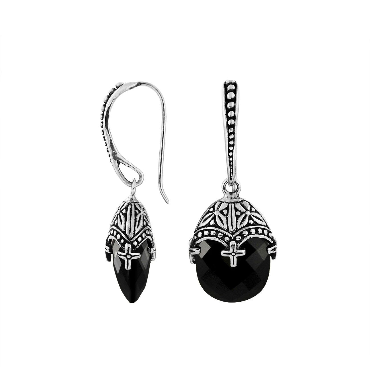 Sterling Silver Black Onyx Faceted Drop Earrings With Ornate Bali Cap And Oxidized Finish