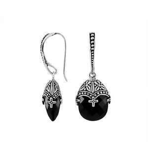 Sterling Silver Black Onyx Faceted Drop Earrings With Ornate Bali Cap And Oxidized Finish