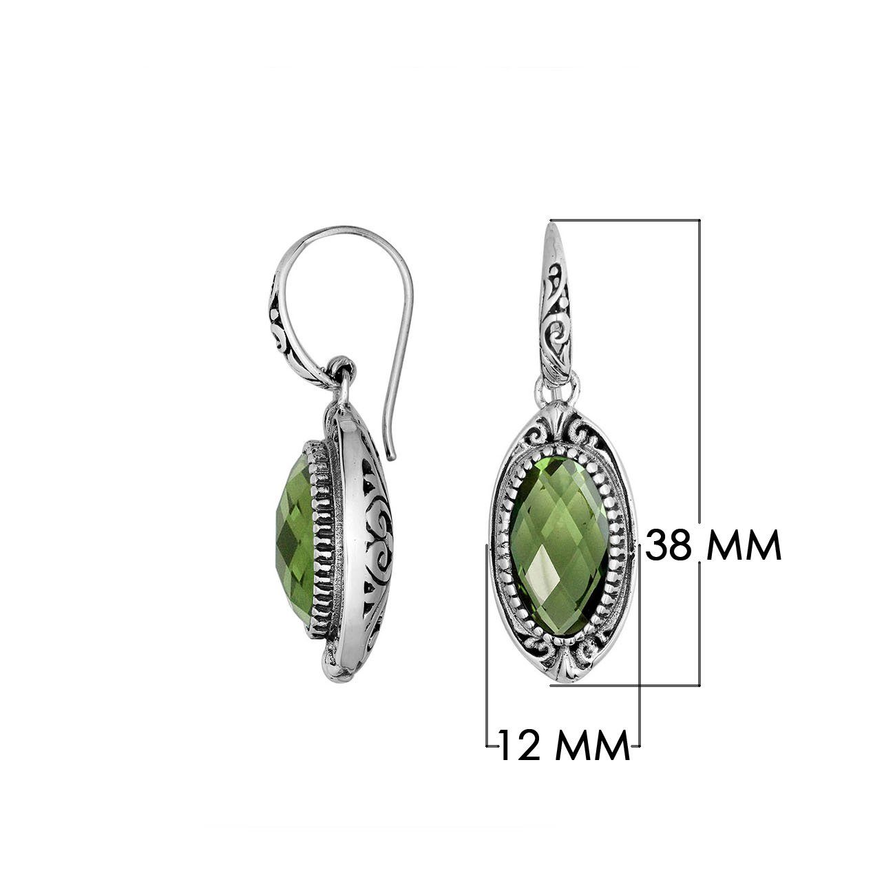 Sterling Silver Green Amethyst Quartz Faceted Oval Earrings With Ornate Bali Frame And Oxidized Finish