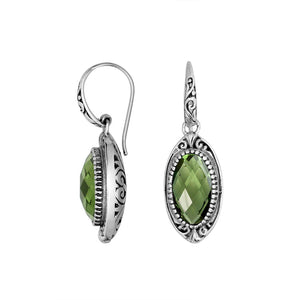 Sterling Silver Green Amethyst Quartz Faceted Oval Earrings With Ornate Bali Frame And Oxidized Finish