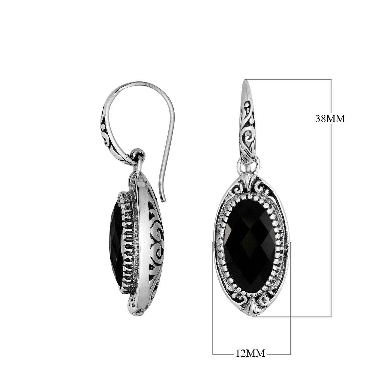 Sterling Silver Black Onyx Faceted Oval Earrings With Ornate Bali Frame And Oxidized Finish