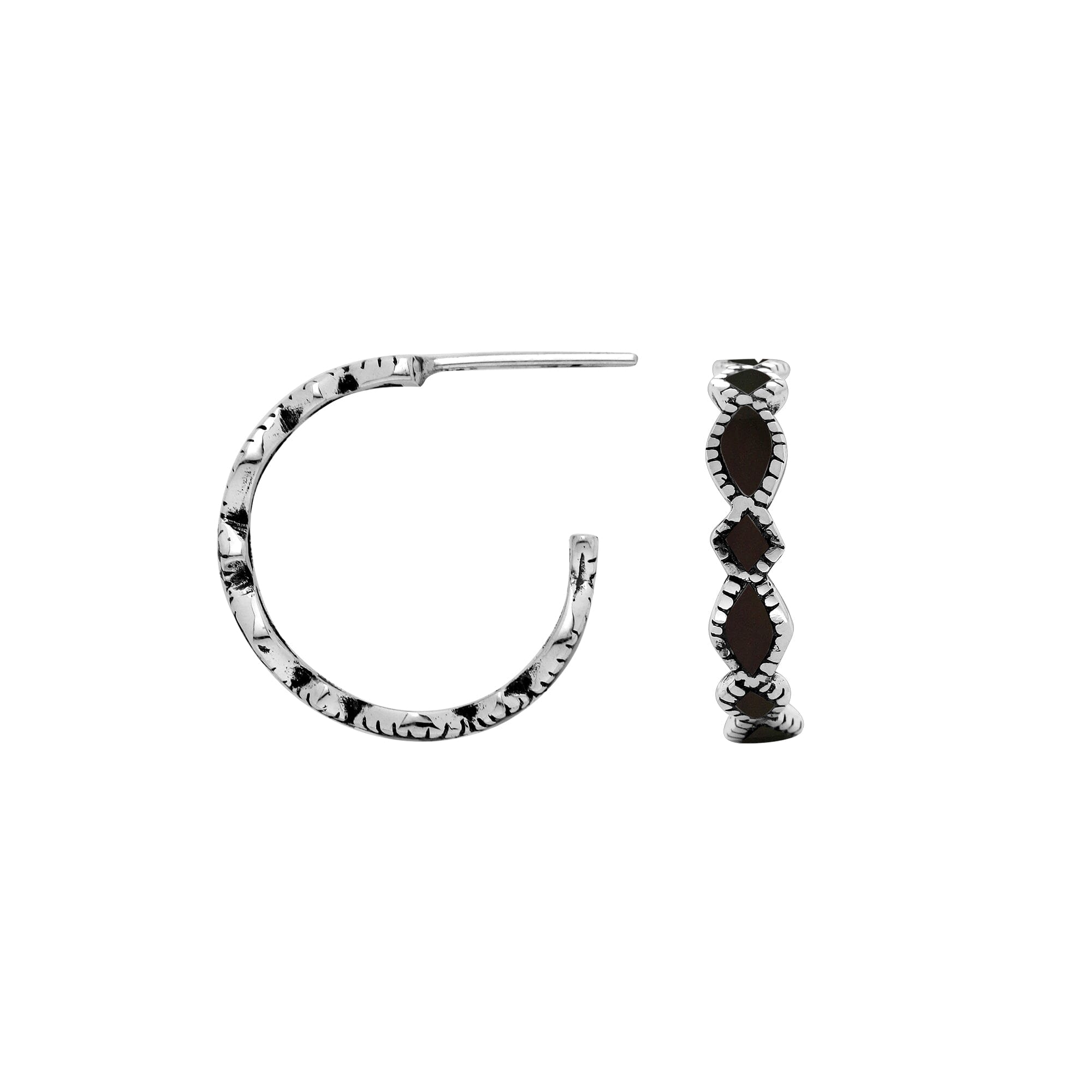 Sterling Silver Black Shell Twisted Marquise Inlay Hoop Earrings