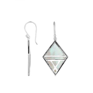 Sterling Silver Mother Of Pearl Geometric Diamond Openwork Panel Earrings
