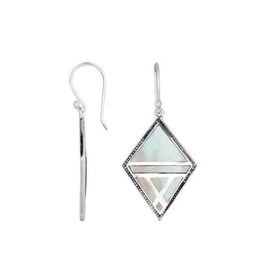 Sterling Silver Mother Of Pearl Geometric Diamond Openwork Panel Earrings