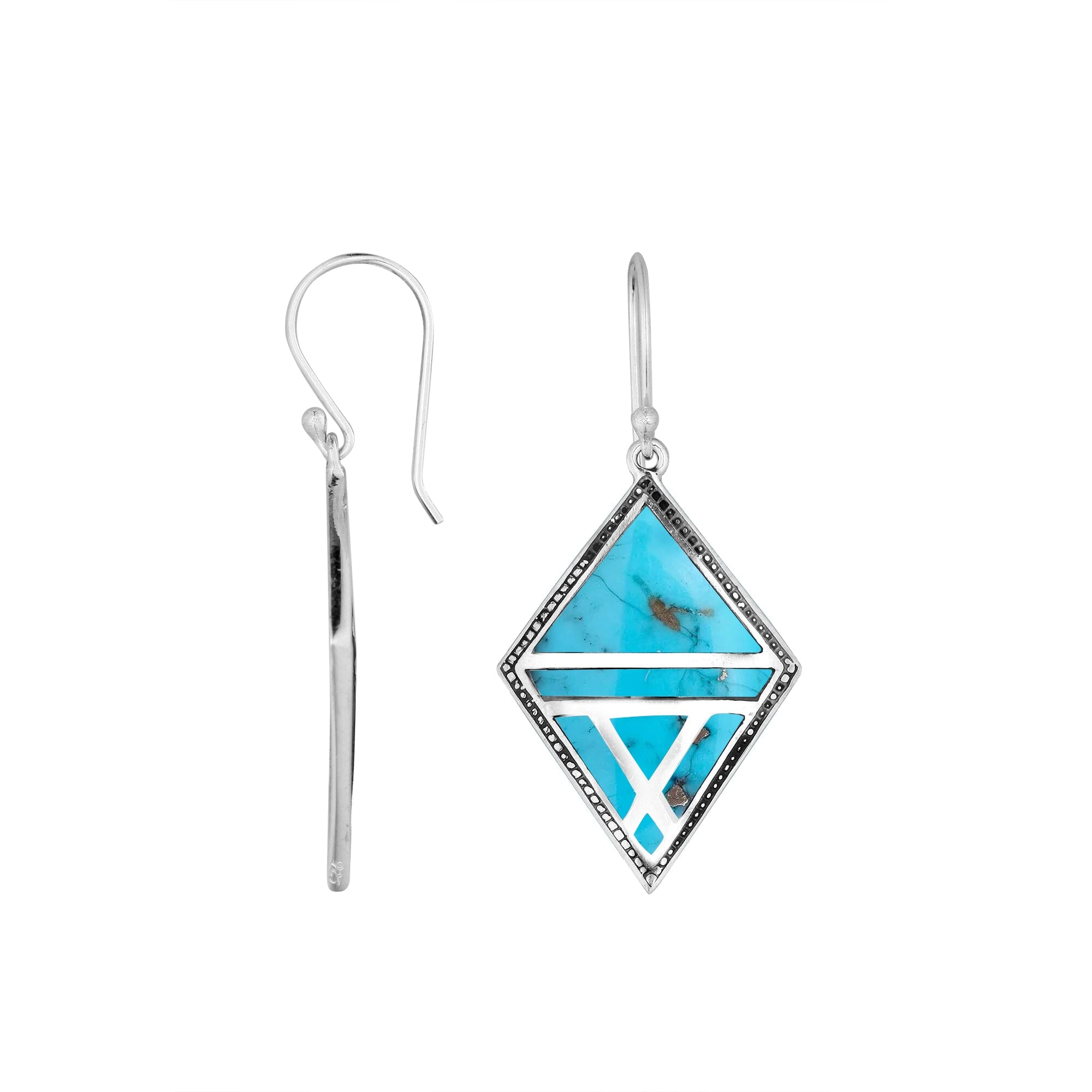 Sterling Silver Turquoise Shell Geometric Diamond Openwork Drop Earrings