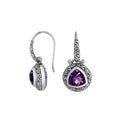 Sterling Silver Bali Earrings With Faceted Amethyst Quartz Triangle And Oxidized Engraved Detailing For Wholesale Collections