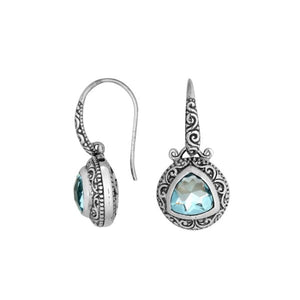 Sterling Silver Bali Earrings Featuring Faceted Blue Topaz Quartz Triangle With Oxidized Engraved Patterns For Wholesale Jewelry Buyers