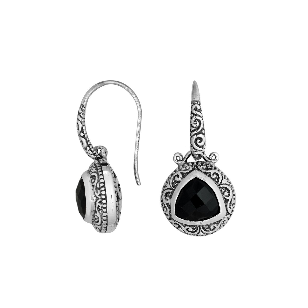 Sterling Silver Bali Engraved Earrings With Faceted Black Onyx Triangle And Oxidized Details For Wholesale Jewelry Buyers