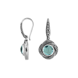 Wholesale sterling silver Blue Topaz Quartz swirl-pattern Balinese drop earrings.
