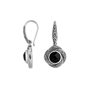 Wholesale sterling silver Black Onyx swirl-pattern Balinese drop earrings.