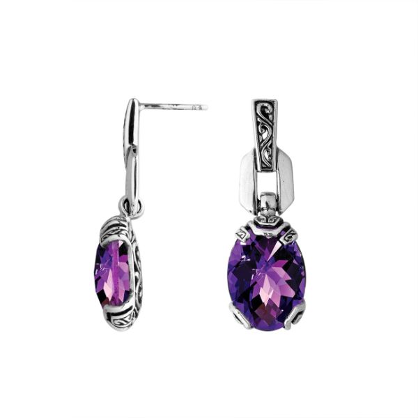 Wholesale Sterling Silver Amethyst Quartz Oval Dangle Earrings With Carved Bali Accents