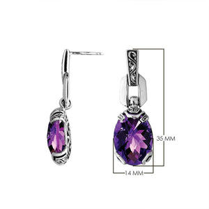 Wholesale Sterling Silver Amethyst Quartz Oval Dangle Earrings With Carved Bali Accents