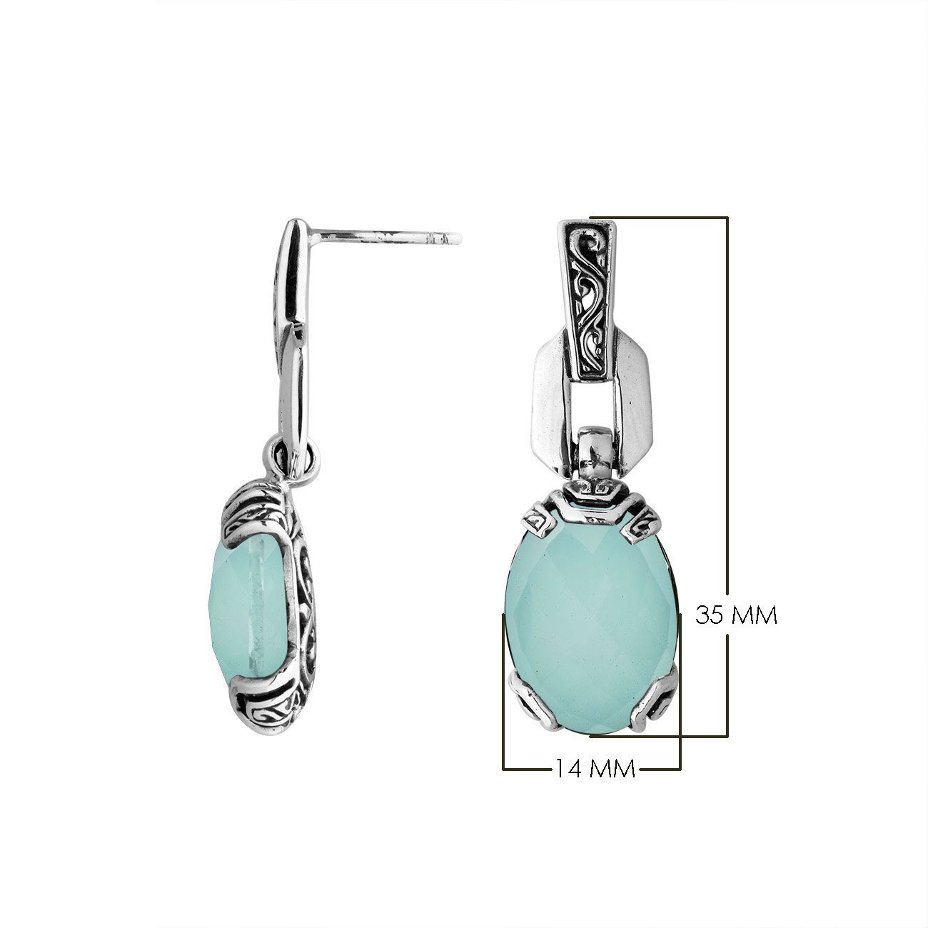Wholesale Sterling Silver Green Chalcedony Oval Dangle Earrings With Balinese Engraved Accents