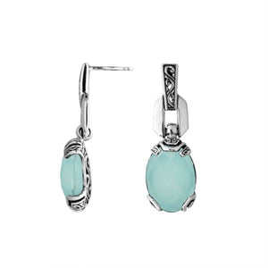 Wholesale Sterling Silver Green Chalcedony Oval Dangle Earrings With Balinese Engraved Accents