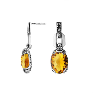 Wholesale Sterling Silver Citrine Quartz Oval Dangle Earrings With Balinese Engraved Accents