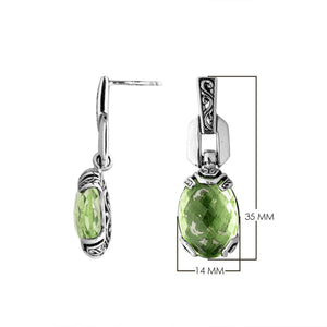Wholesale Sterling Silver Green Amethyst Quartz Oval Dangle Earrings With Balinese Engraved Accents