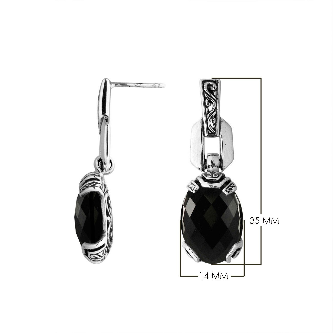 Wholesale Sterling Silver Black Onyx Oval Dangle Earrings With Balinese Engraved Accents
