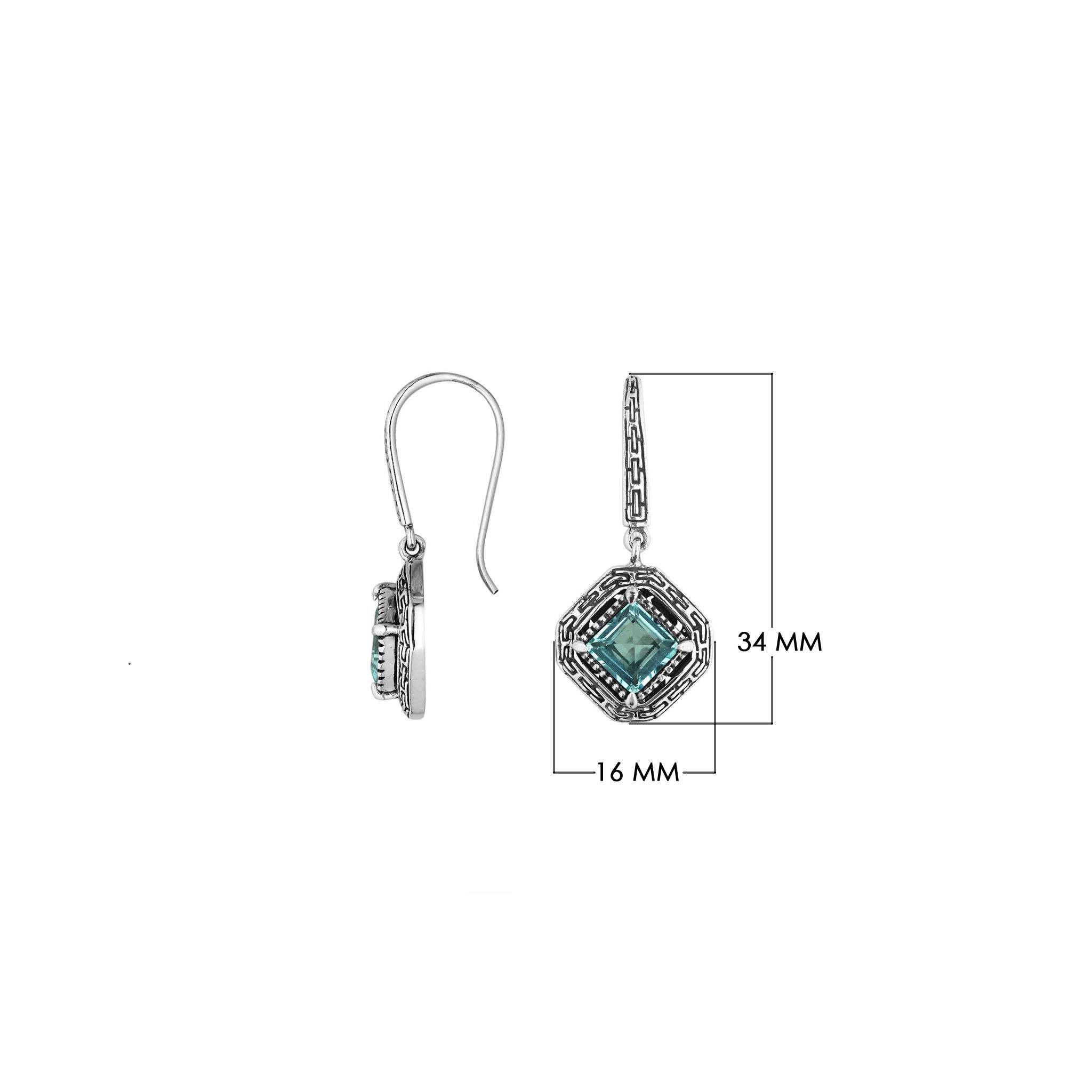 Wholesale Sterling Silver Blue Topaz Quartz Square Frame Dangle Earrings With Bali Pattern