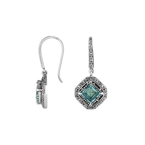 Wholesale Sterling Silver Blue Topaz Quartz Square Frame Dangle Earrings With Bali Pattern