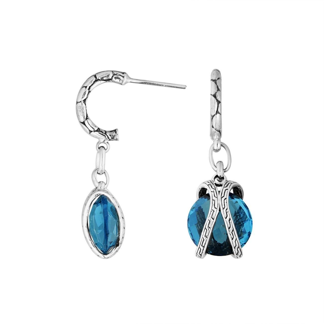 Wholesale Sterling Silver Blue Topaz Quartz Marquise And Round Dangle Earrings With Bali Carved Hoop