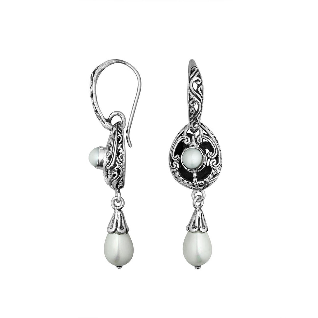 Wholesale Sterling Silver Mabe Pearl Scrollwork Dangle Earrings With Bali Ornate Detailing