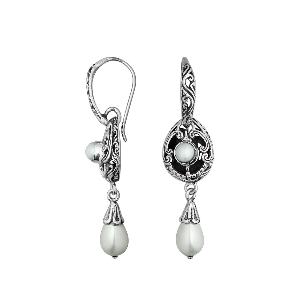 Wholesale Sterling Silver Mabe Pearl Scrollwork Dangle Earrings With Bali Ornate Detailing