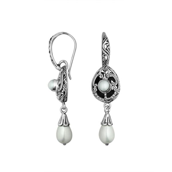Wholesale Sterling Silver Mabe Pearl Scrollwork Dangle Earrings With Bali Ornate Detailing