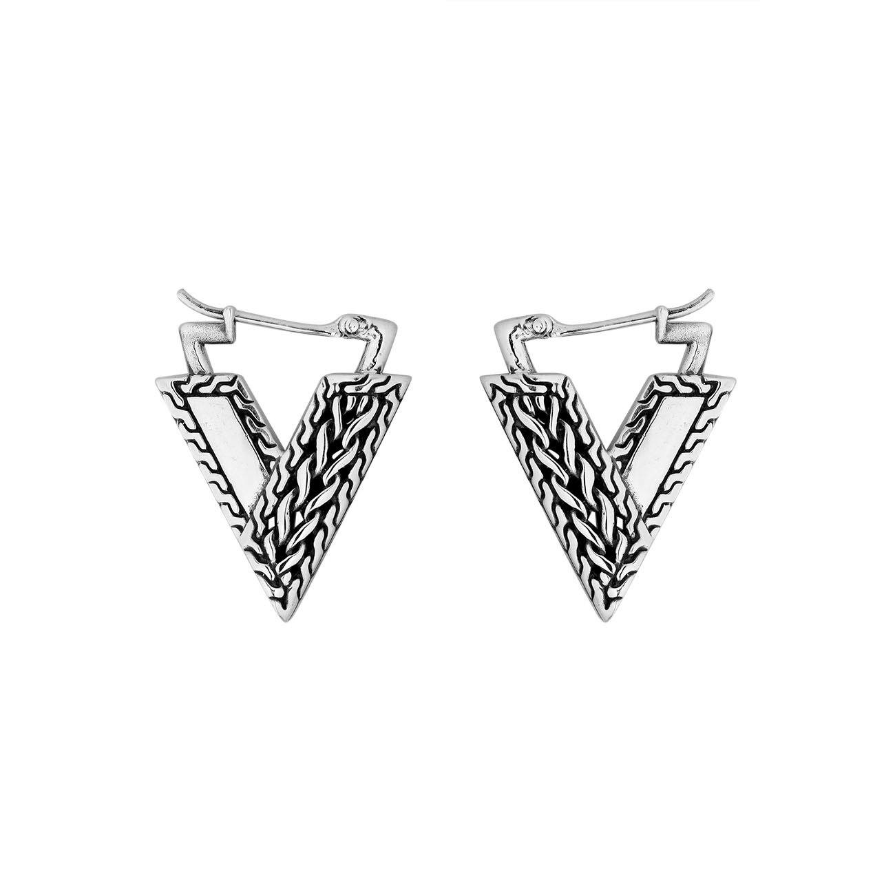 Wholesale Sterling Silver V-Shaped Bali Pattern Hoop Earrings With Textured Geometric Detailing
