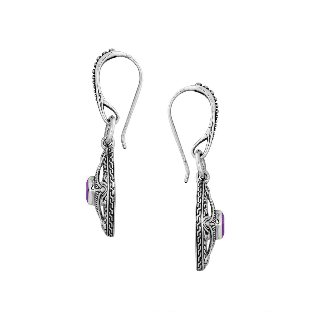 Wholesale Sterling Silver Amethyst Quartz Square Filigree Dangle Earrings With Bali Detailed Frame