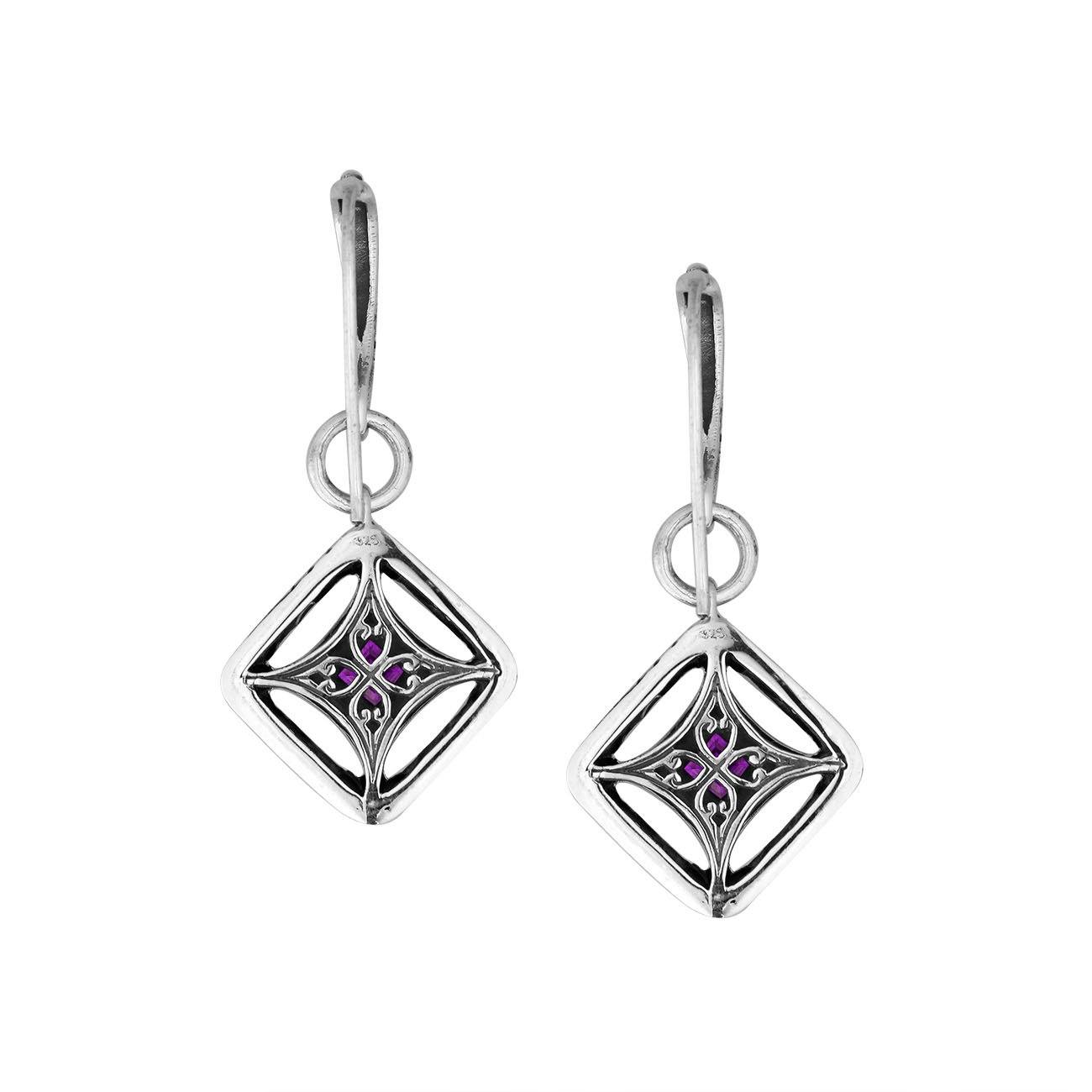 Wholesale Sterling Silver Amethyst Quartz Square Filigree Dangle Earrings With Bali Detailed Frame