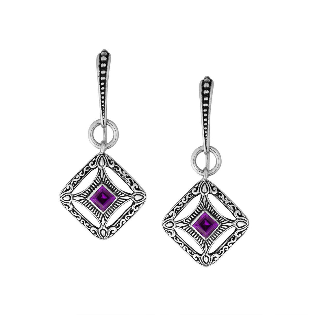 Wholesale Sterling Silver Amethyst Quartz Square Filigree Dangle Earrings With Bali Detailed Frame