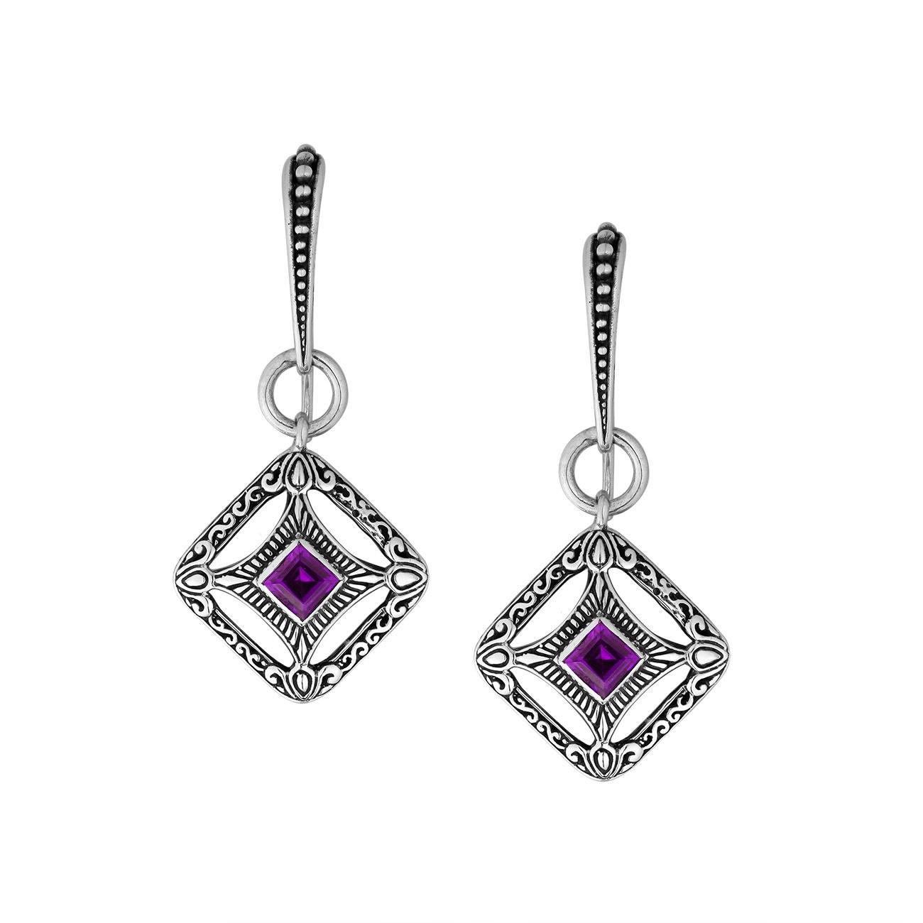 Wholesale Sterling Silver Amethyst Quartz Square Filigree Dangle Earrings With Bali Detailed Frame